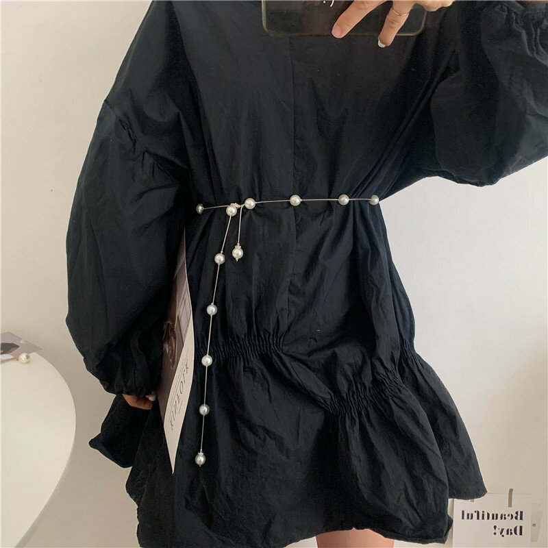 韓版珍珠腰鏈女士裝飾配連衣裙子帶時尚百搭細腰帶簡約小皮帶收腰