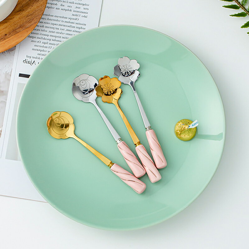 食品不銹鋼咖啡勺創意冰激凌勺櫻花玫瑰花朵勺子少女甜品勺攪拌勺