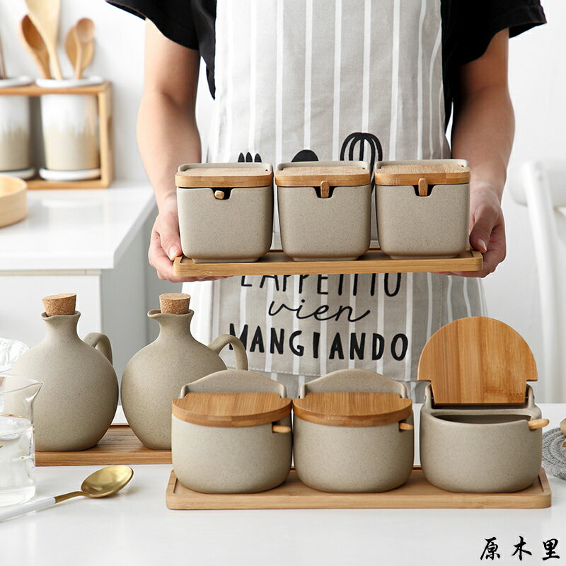 日式創意簡約竹蓋養身陶調味罐廚房調味調料盒防潮糖鹽罐三件套裝