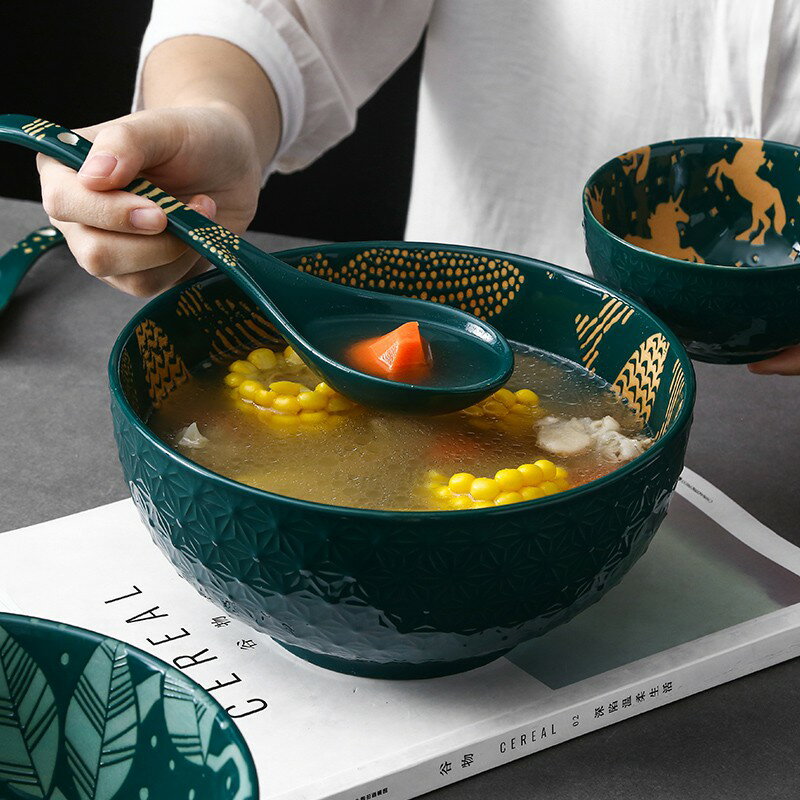 8寸日式浮雕陶瓷大號湯碗 餐廳家用擺碗防燙大圓碗拉麵碗飯碗大碗公