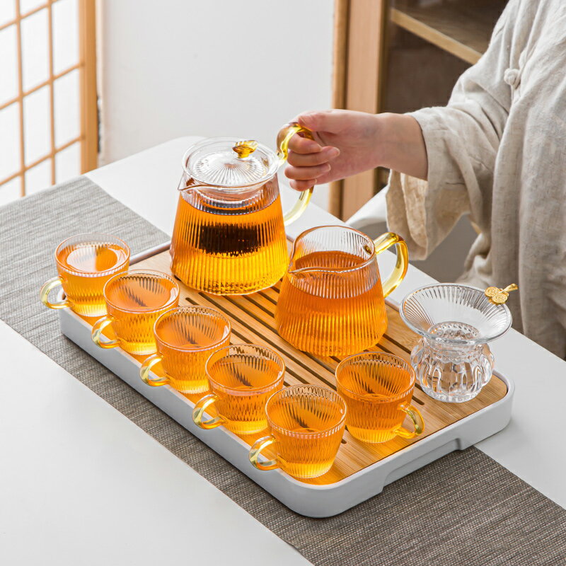 豎紋玻璃茶具套裝家用客廳辦公室會客功夫茶現代簡約茶盤茶具一套
