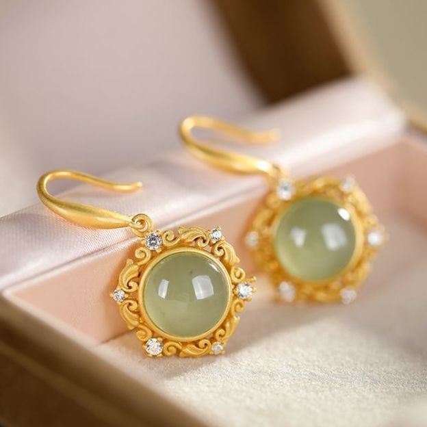 鍍金天然青玉簡約時尚潮流歐美氣質鋯石點綴女款耳環耳飾品