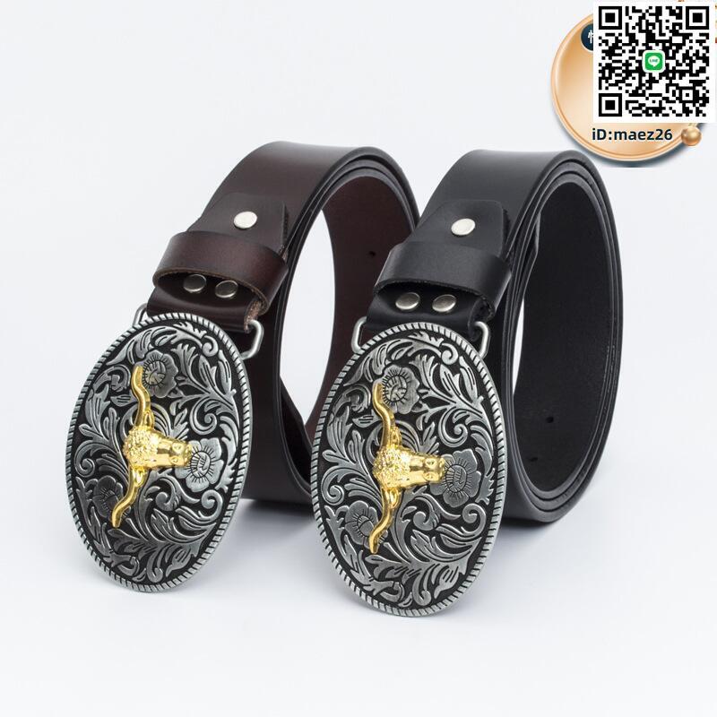 【全球優品滙】【洛特君森】時尚個性西部牛仔皮帶鍍金復古牛頭腰帶男士牛皮褲帶