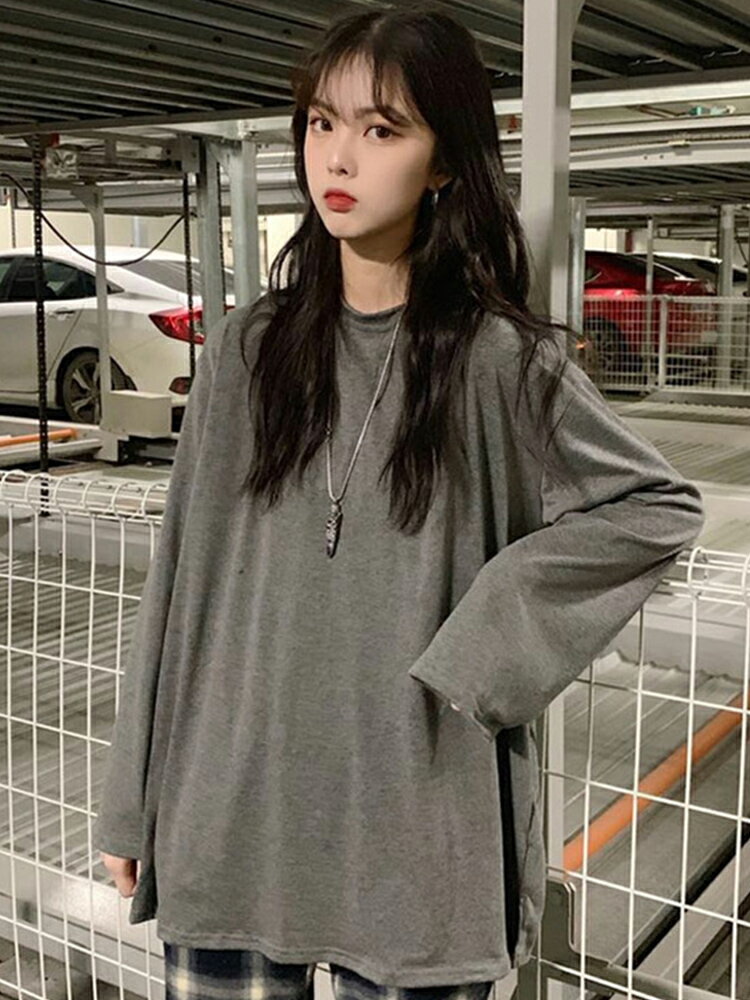 春秋新款慵懶風百搭打底衫上衣寬松長袖防曬T恤女薄款