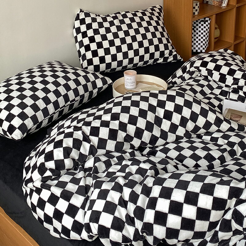 ins北歐黑白棋盤格牛奶絨床上四件套冬季雙面法蘭珊瑚絨被套床單4