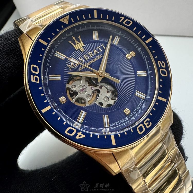 MASERATI手錶,編號R8823140004,44mm金色圓形精鋼錶殼,寶藍色鏤空, 中三針顯示, 水鬼錶面,金色精鋼錶帶款,限量真鑽鏤空限量錶