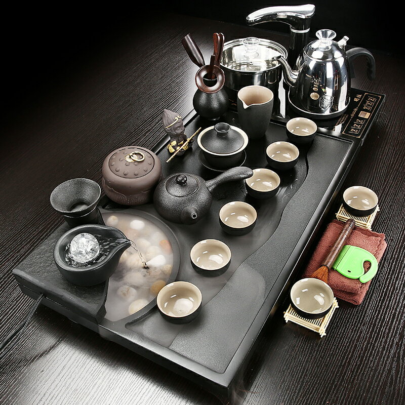 霧化流水天然烏金石頭茶盤簡約功夫茶具套裝自動陶瓷辦公家用茶臺
