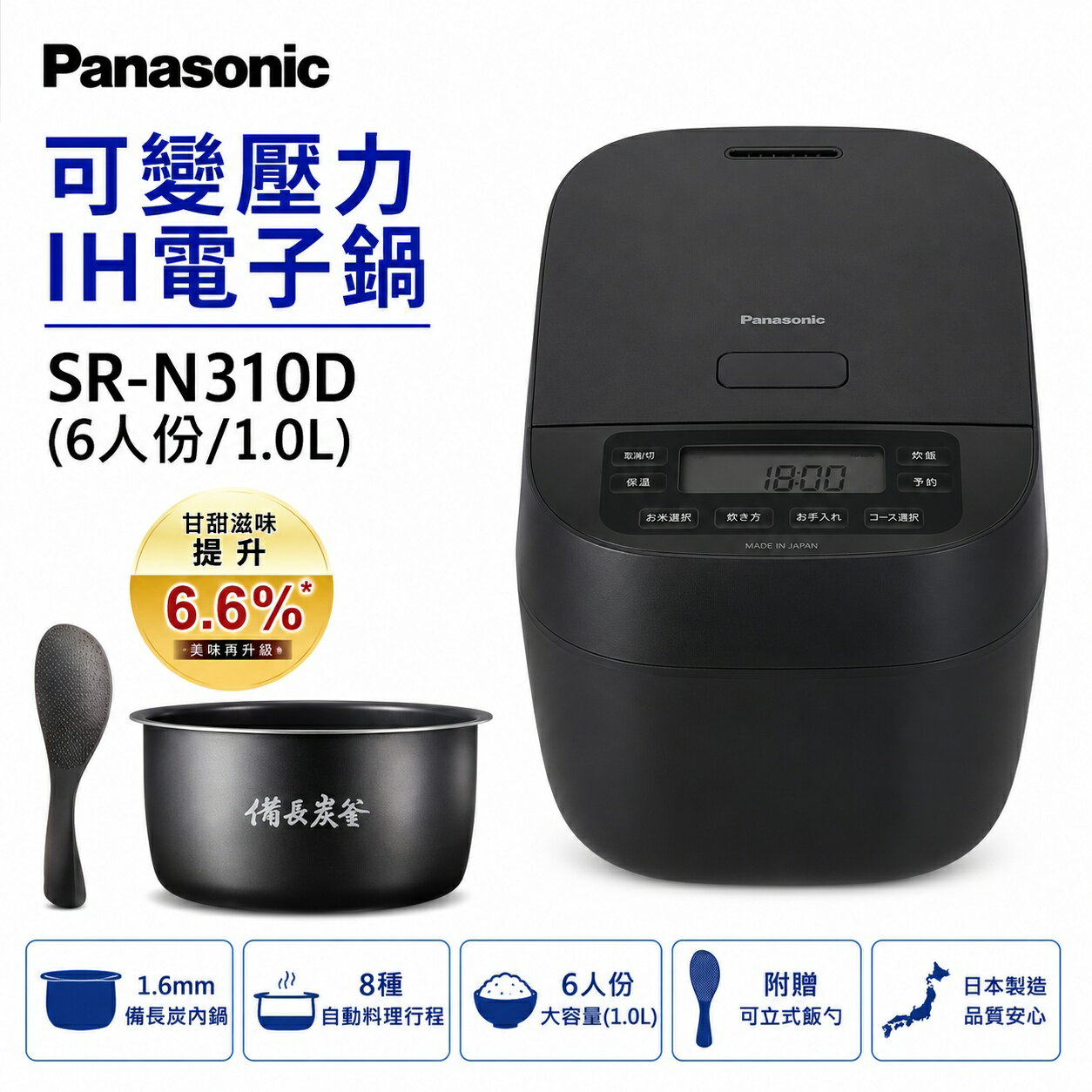 【Panasonic 國際牌】SR-N310D 可變壓力IH電子鍋 6人份 1.0L 日本製｜備長炭內鍋｜8種炊煮行程｜4種米飯口感