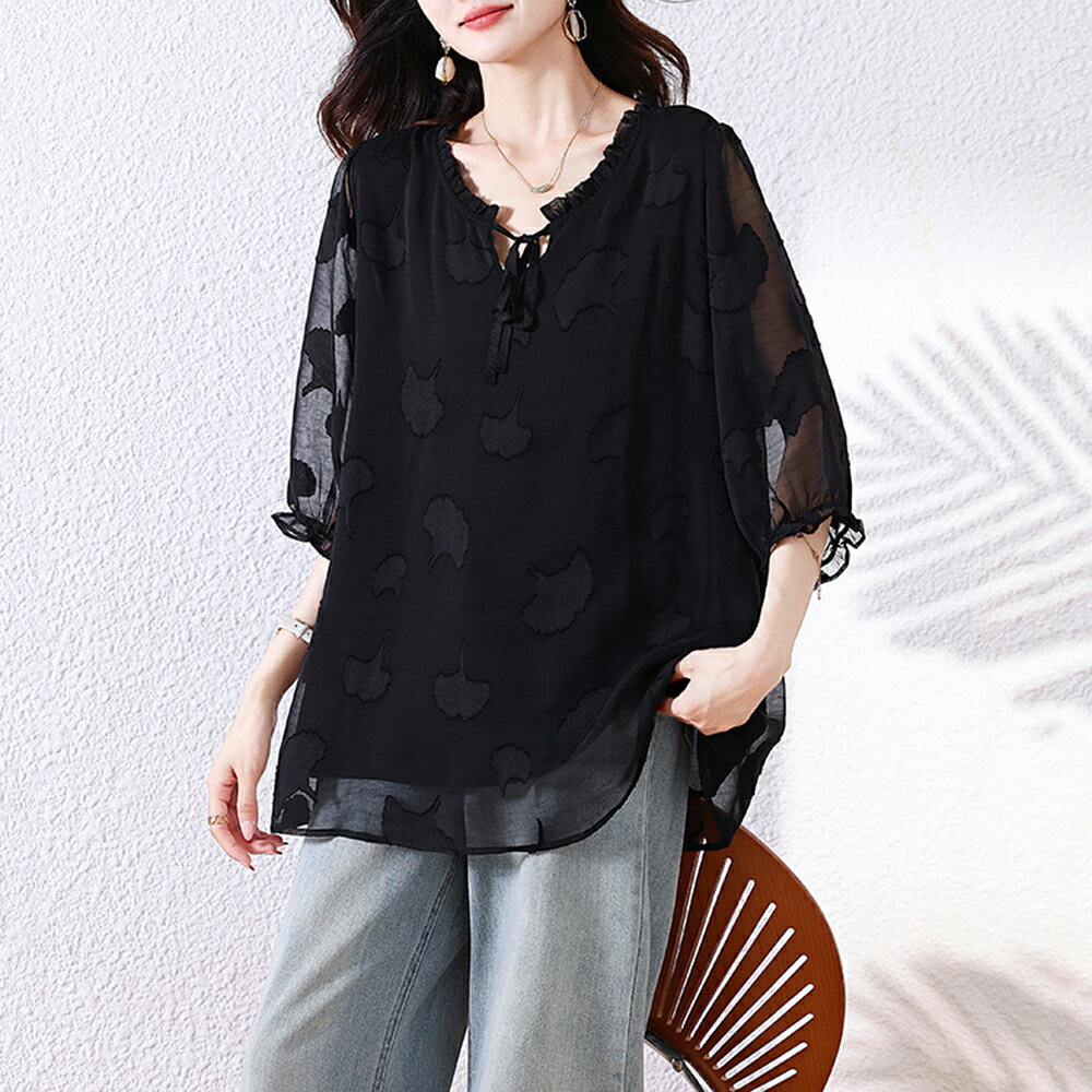 ＊ORead＊中袖雪紡上衣(黑色L~5XL)