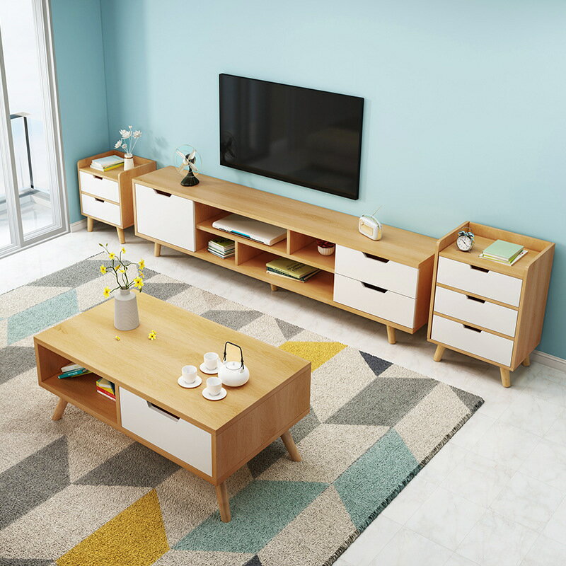 現代簡約電視柜茶幾組合客廳家用實木臥室簡易小戶型電視機柜北歐