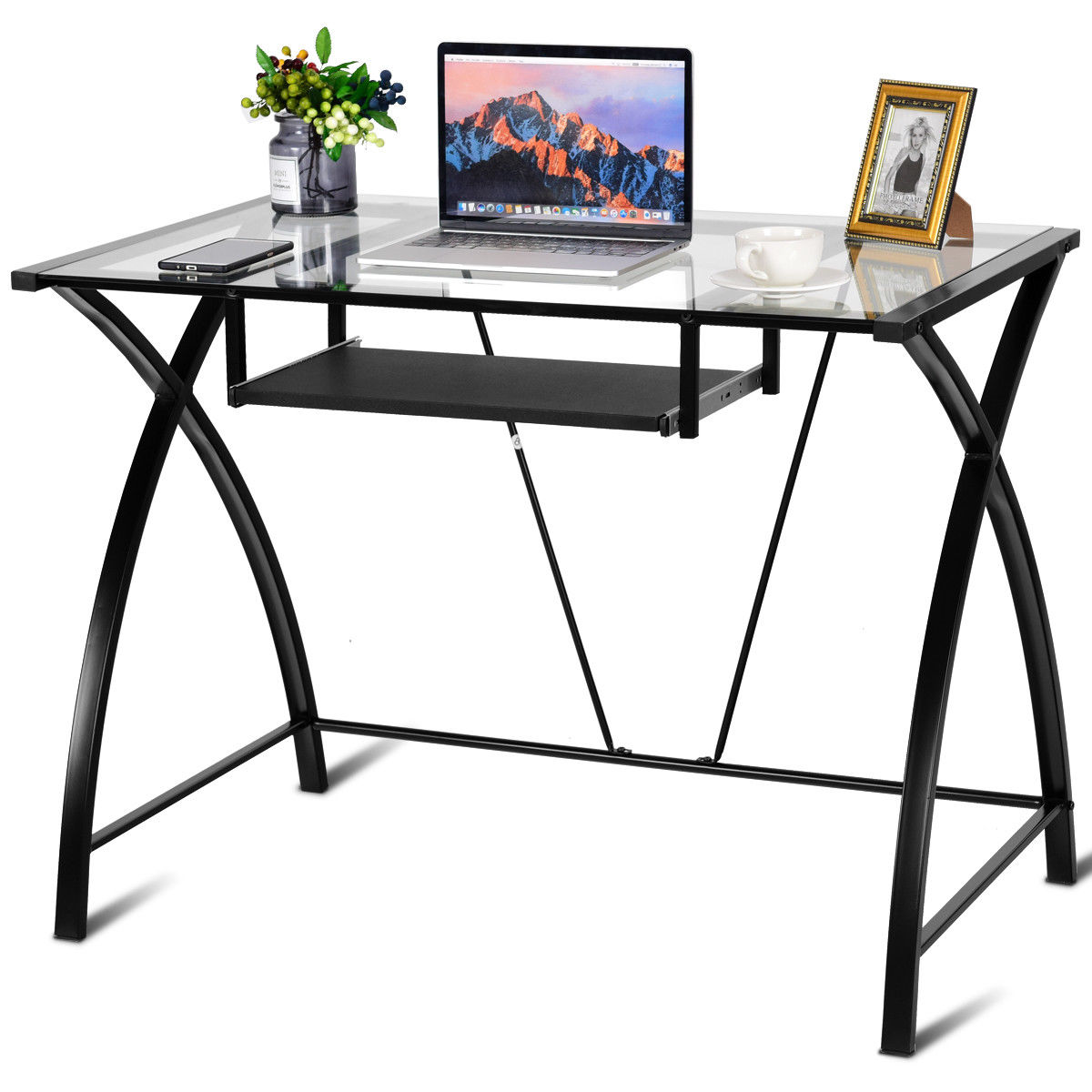 Costway Costway Clear Glass Top Computer Desk W Pull Out