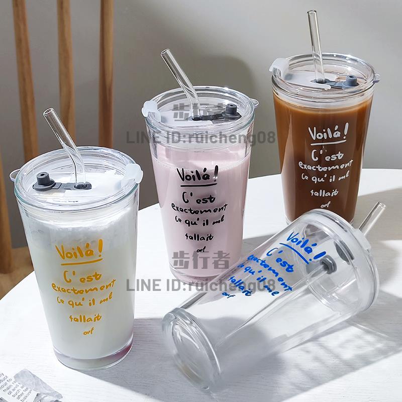 法式飲料吸管杯咖啡奶茶冷飲杯夏季女帶蓋玻璃水杯【步行者戶外生活館】