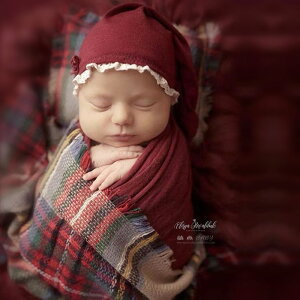 2020新生兒攝影圣誕主題道具 嬰兒滿月寶寶拍照帽子裹布格子毯子