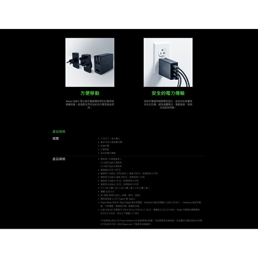 【含稅公司貨】雷蛇 Razer USB-C RC21-01700100-R3M1 130W GaN氮化鎵充電器 黑色 3