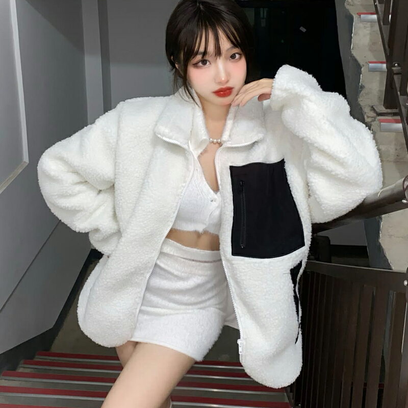 黑白拼接羊羔絨外套2021秋冬新款韓版慵懶風甜美軟妹寬松加厚上衣