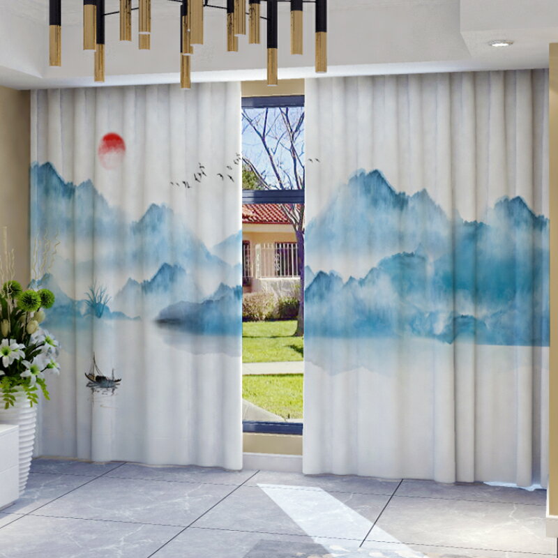 簡約2021現代新中式窗簾水墨山水畫風景客廳書房臥室茶室隔斷布簾