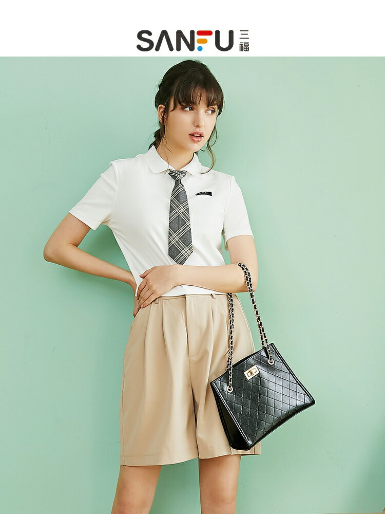 三福女包新款夏季時尚繡格設計感大容量鏈條包包菱格紋斜挎包