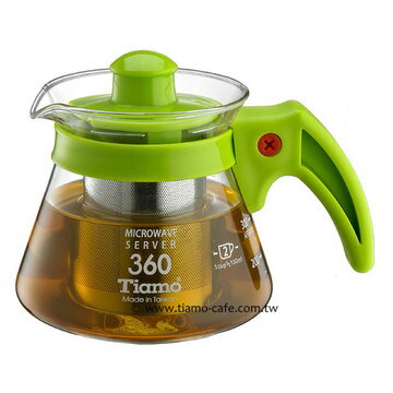 金時代書香咖啡 Tiamo 不鏽鋼濾網 玻璃花茶壺 360cc 綠色 HG2215G