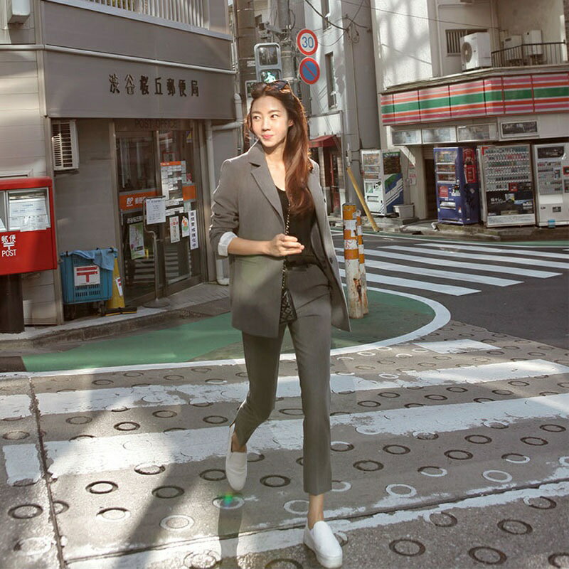 現貨+預購 西裝外套 九分褲 兩件套-休閒灰色一粒扣時尚西服女套裝73xs17【獨家進口】【米蘭精品】