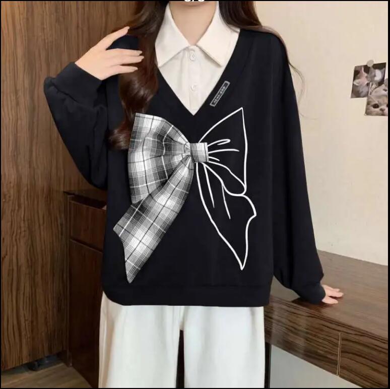 大學T加大碼美拉德假兩件蝴蝶結長袖衛衣女百搭上衣【步行者戶外生活館】