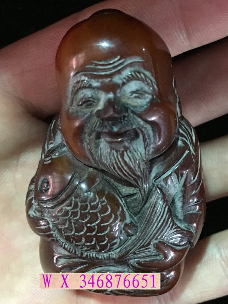 天然西藏老犛牛角手工雕刻漁翁老人得利擺件手把件吊墜