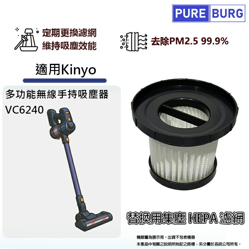 適用Kinyo KVC-6240 KVC6240多功能無線手持吸塵器替換用HEPA濾網濾芯