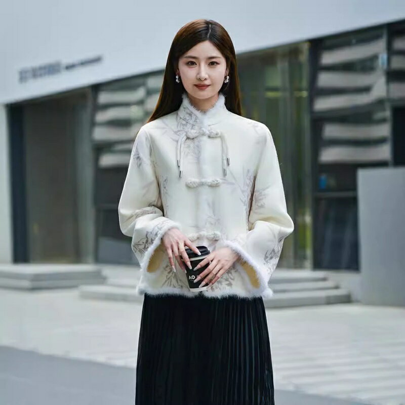 【巴黎精品】羊毛大衣毛呢外套-國風水貂毛絨邊印花女外套a1il82