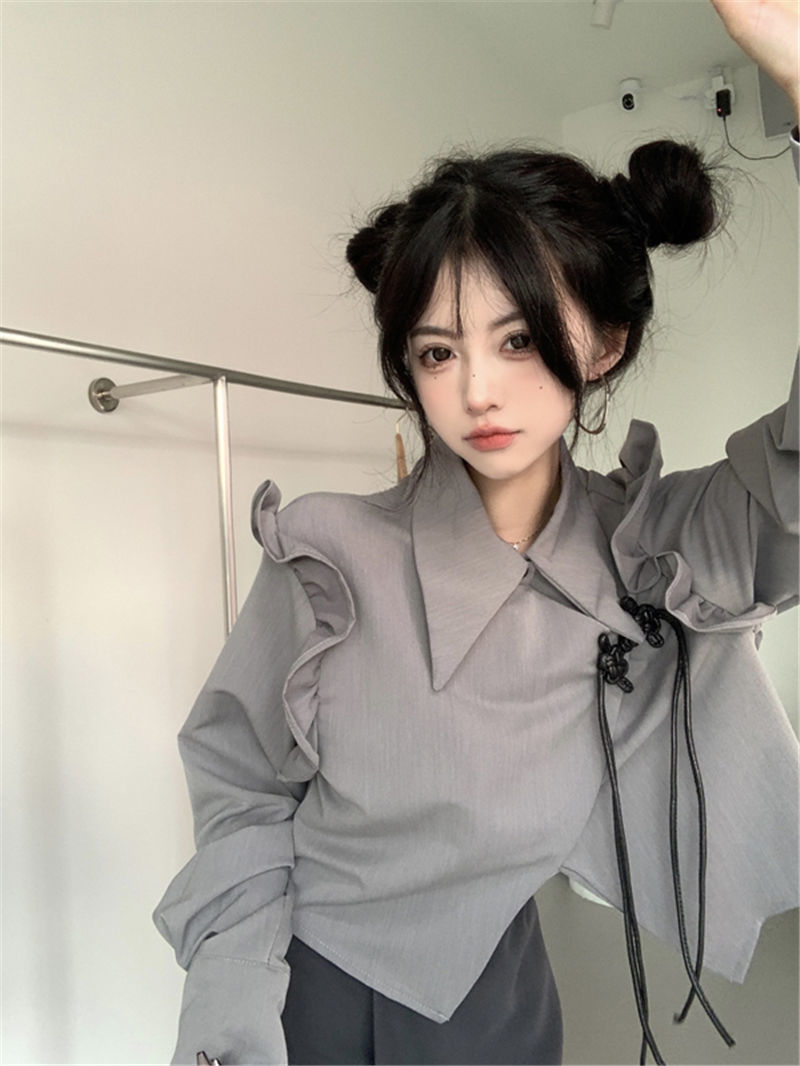 短款上衣荷葉邊長袖短外套寬松遮肉顯瘦不規則甜辣妹設計感上衣女春季新款