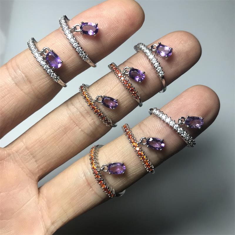 天然紫水晶小滴溜戒指女活口白銅托鋯石排戒日韓清新簡約時尚飾品