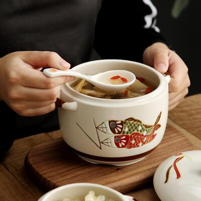 日式手繪陶瓷燉盅帶蓋隔水燉內膽燕窩蒸蛋碗小湯盅煲湯家用燉罐鍋 樂購生活百貨