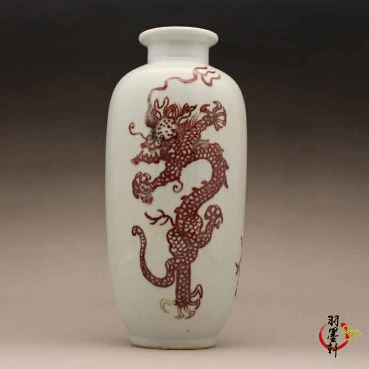 清康熙瓷器釉里紅花瓶手繪龍紋古玩古董陶瓷器仿古老貨收藏擺件| 協貿 