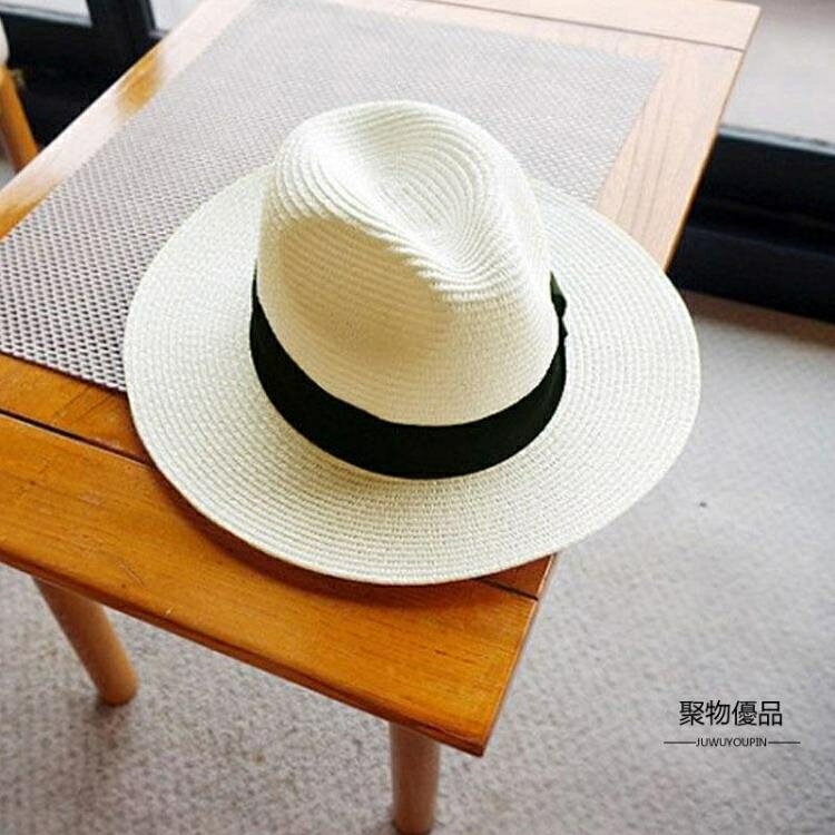 春夏遮陽帽女士巴拿馬爵士帽大沿沙灘帽編織草帽禮帽【聚物優品】