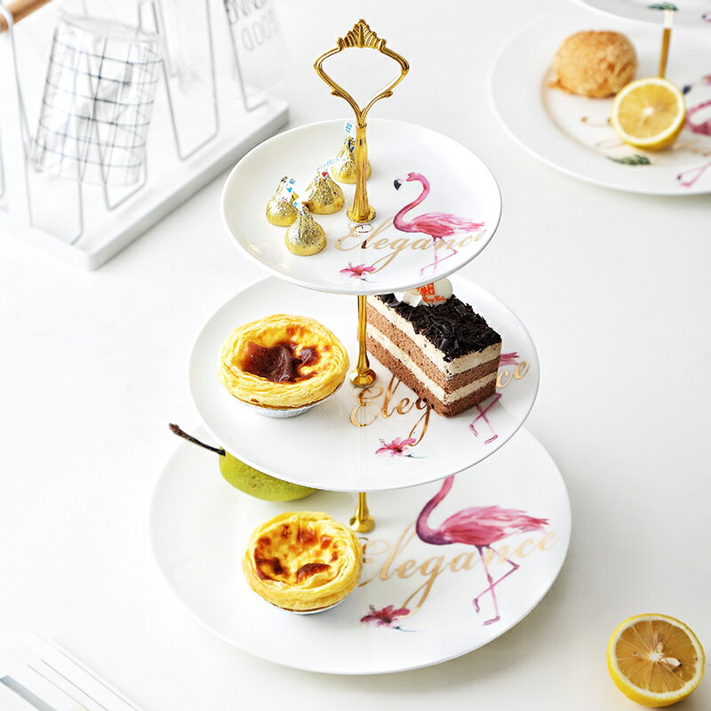 盤子創意北歐碟子家用ins網紅火烈鳥三層盤蛋糕盤點心甜品盤果盤
