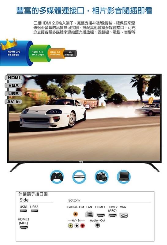免運費+基本安裝 美國 AOC 65吋 淨藍光 4K UHD聯網 LED液晶 電視/顯示器+視訊盒65U6080