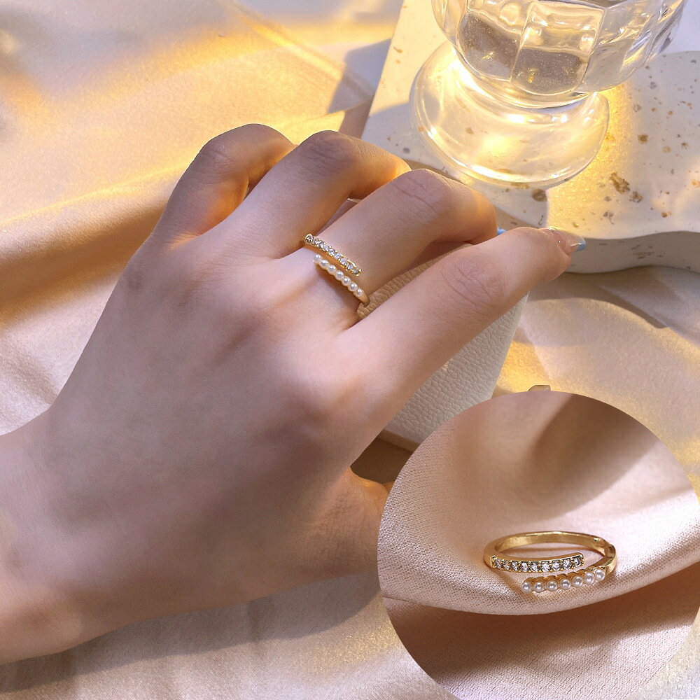 2023新款簡約珍珠開口戒指女鍍18k金鑲鉆個性指環小眾冷淡風尾戒