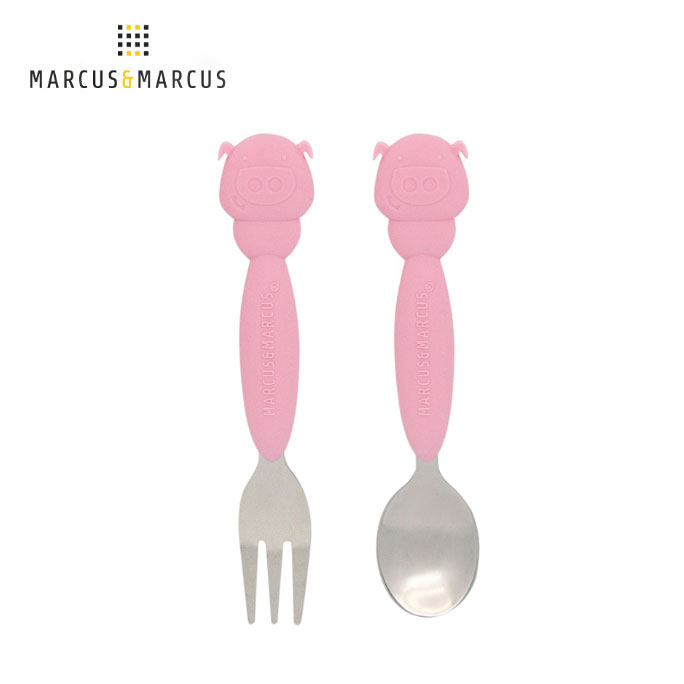 【加拿大 Marcus & Marcus】動物樂園不鏽鋼叉匙餐具組 - 粉紅豬