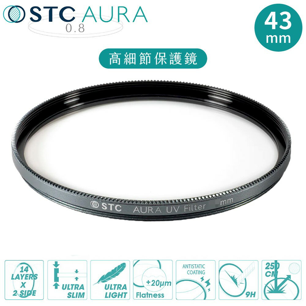 又敗家@台灣STC高畫素8K高細節抗撞強化玻璃AURA 43mm保護鏡43mm濾鏡超低光程差99.5%透光率UV陶瓷玻璃