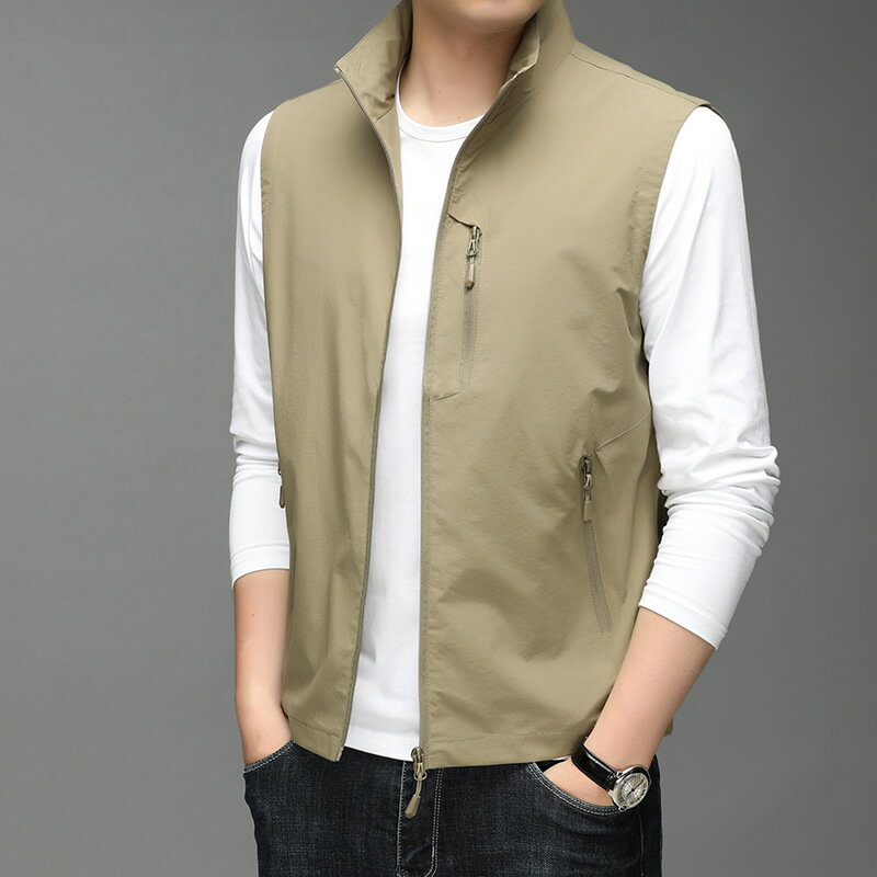 【喜挖】2024早春新款男裝修身戶外立領多口袋馬甲中年男士休閒潮流背心 0