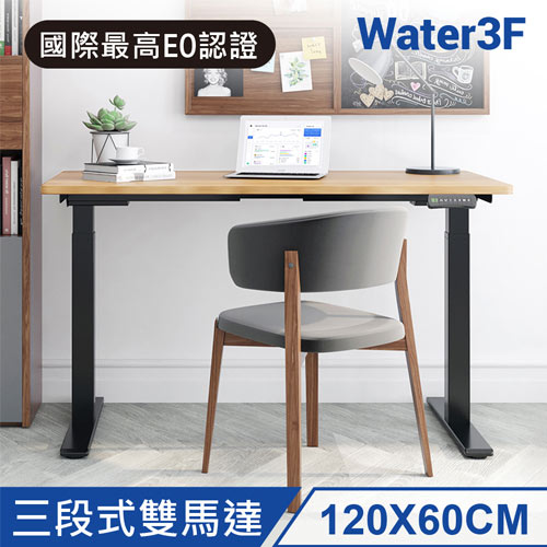 water3f 三段式雙馬達電動升降桌 usb-c+a快充版 黑色桌架+原木色桌板 120*60
