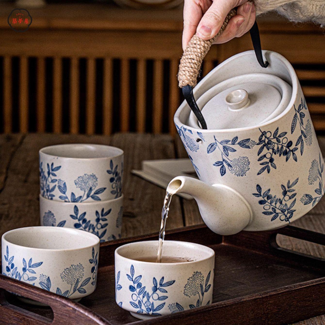 免運 工廠直銷 茶具 茶壺 功夫茶具 茶壺套裝 中式復古提樑茶壺手繪粗陶泡茶水壺家用功夫茶具整套大容量沖沏壺店長推薦/特惠 工廠現貨出 特價出 全館折扣 售後保障 zm5319