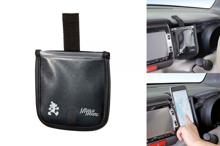 權世界@汽車用品 日本NAPOLEX Disney 米奇 透明無遮 黏貼式固定魔鬼氈黏扣智慧型手機袋 WD-390