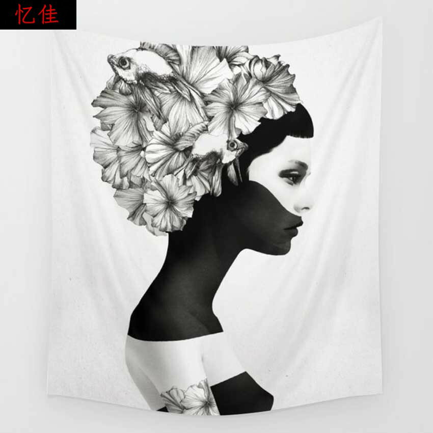 現代藝術背景布ins黑白掛布流星雨客廳掛毯人物畫像裝飾墻布桌布
