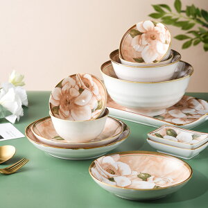 餐具碗碟套裝碗盤家用復古花卉陶瓷碗面碗飯碗沙拉碗創意盤子湯碗