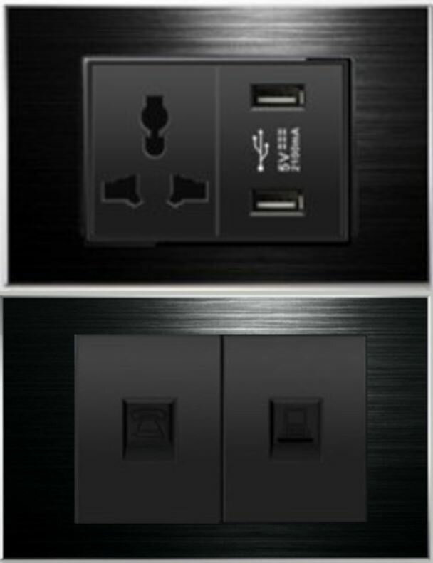 工業風 黑鋁拉絲面板 萬用插座+USB插座X2面板,牆壁電源插座+USB充電插座,電話+網路插座面板,Power Switch