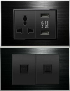 工業風 黑鋁拉絲面板 萬用插座+USB插座X2面板,牆壁電源插座+USB充電插座,電話+網路插座面板,Power Switch
