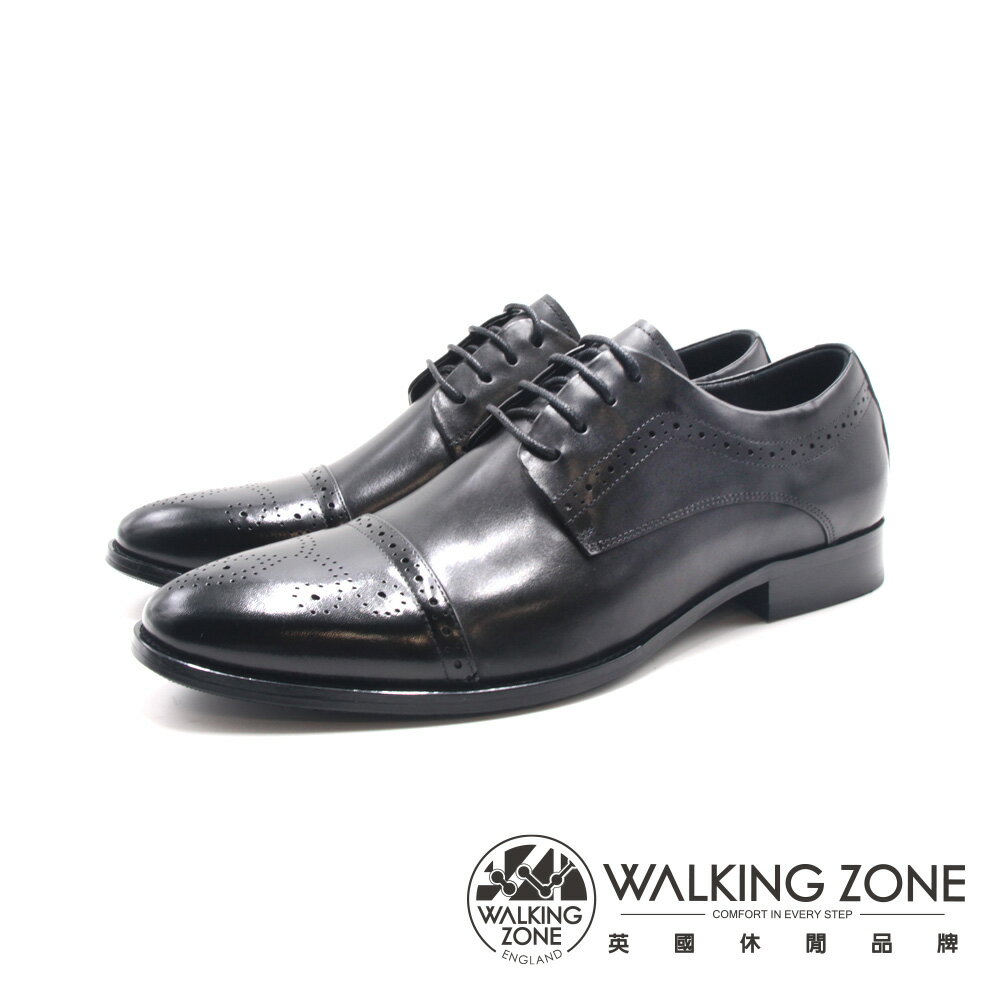 WALKING ZONE(男)質感藍底一字壓紋雕花商務皮鞋 男鞋-黑色