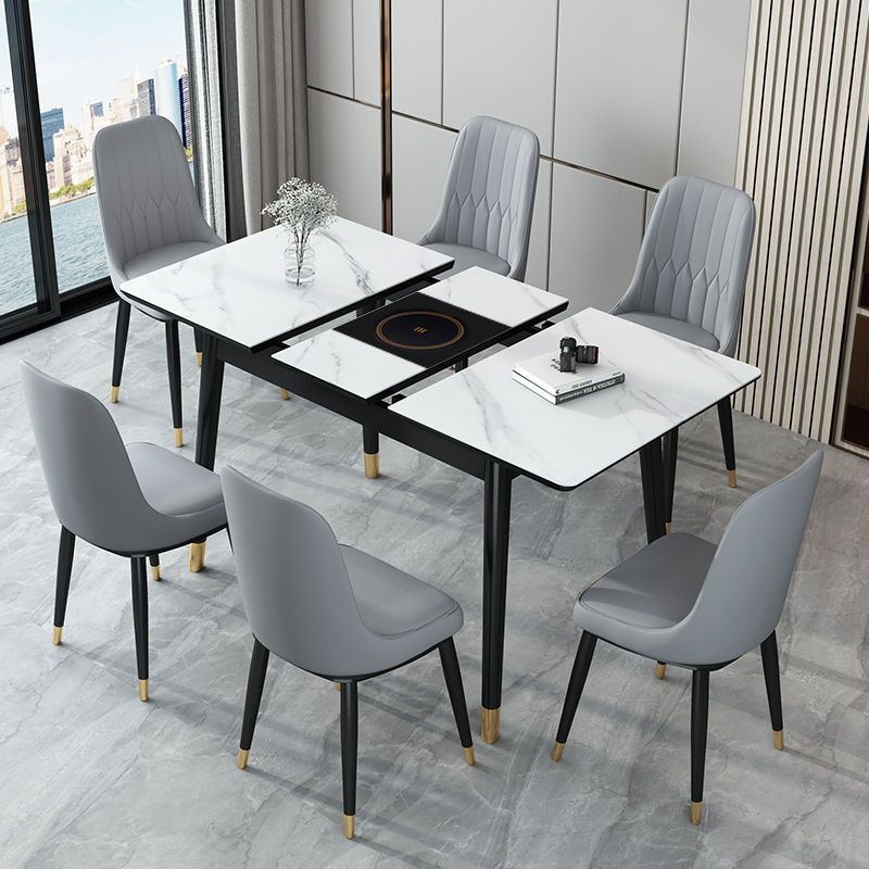巖板伸縮餐桌家用小戶型現代簡約實木餐桌椅帶電磁爐輕奢折疊飯桌