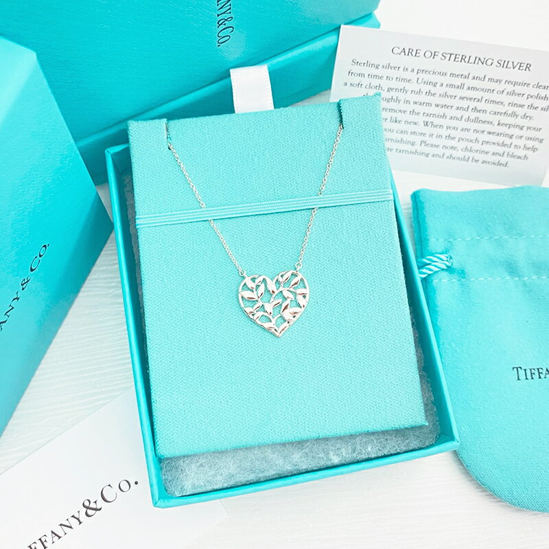 美國百分百【全新真品】Tiffany & Co. 項鍊 橄欖枝 鏤空心形 蒂芬妮 銀飾 墜飾 純銀 專櫃 CW34