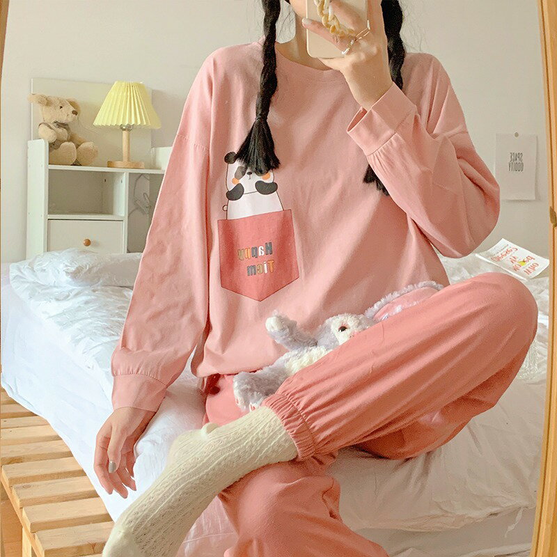 春秋款睡衣女針織圓領韓版可愛卡通少女長袖休閑可外穿家居服套裝