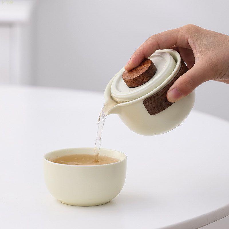 米黃汝窯開片快客杯一壺二杯旅行茶具戶外泡茶杯陶瓷禮品汝瓷